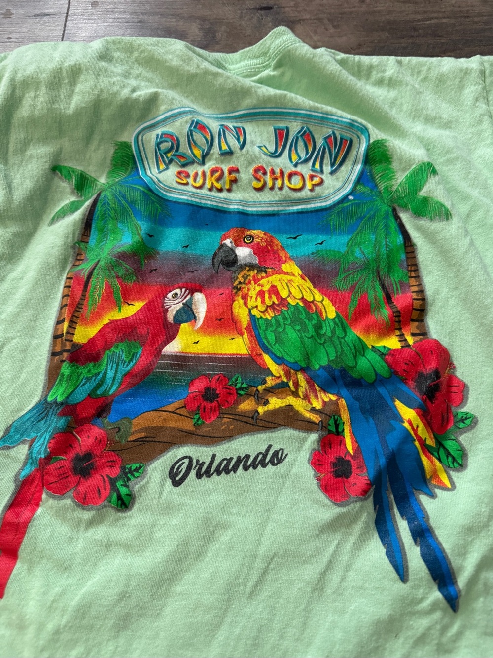 Ron Jon Light Green Kids Short Sleeve Tee with Multicolor Surf Shop Logo